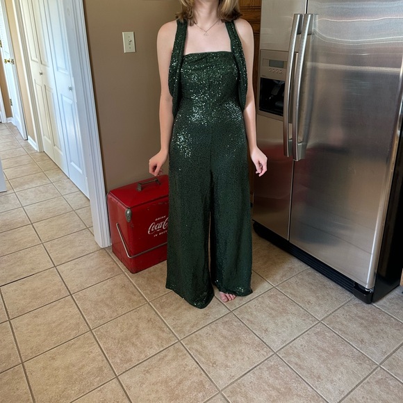 Green Sequin Halter Jumpsuit NWT - Picture 1 of 5